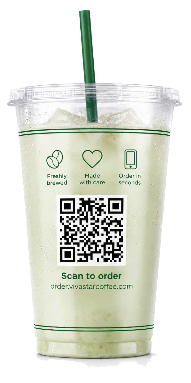Ly Viva Star Coffee — mặt sau, quét QR để gọi món